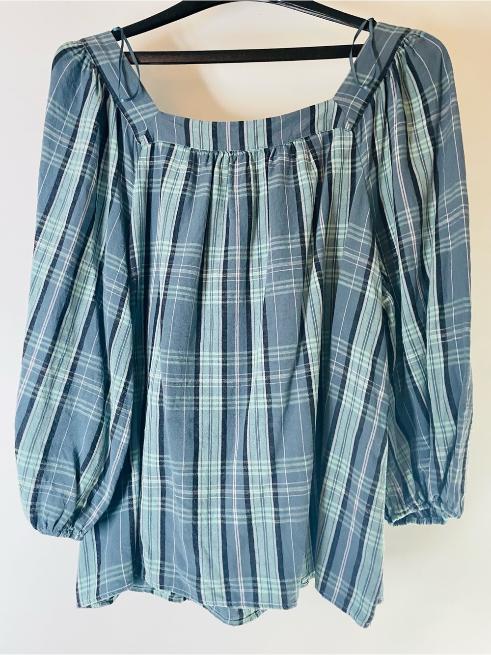 LC Lauren Conrad Blue and Mint Plaid Off-Shoulder Peasant Top